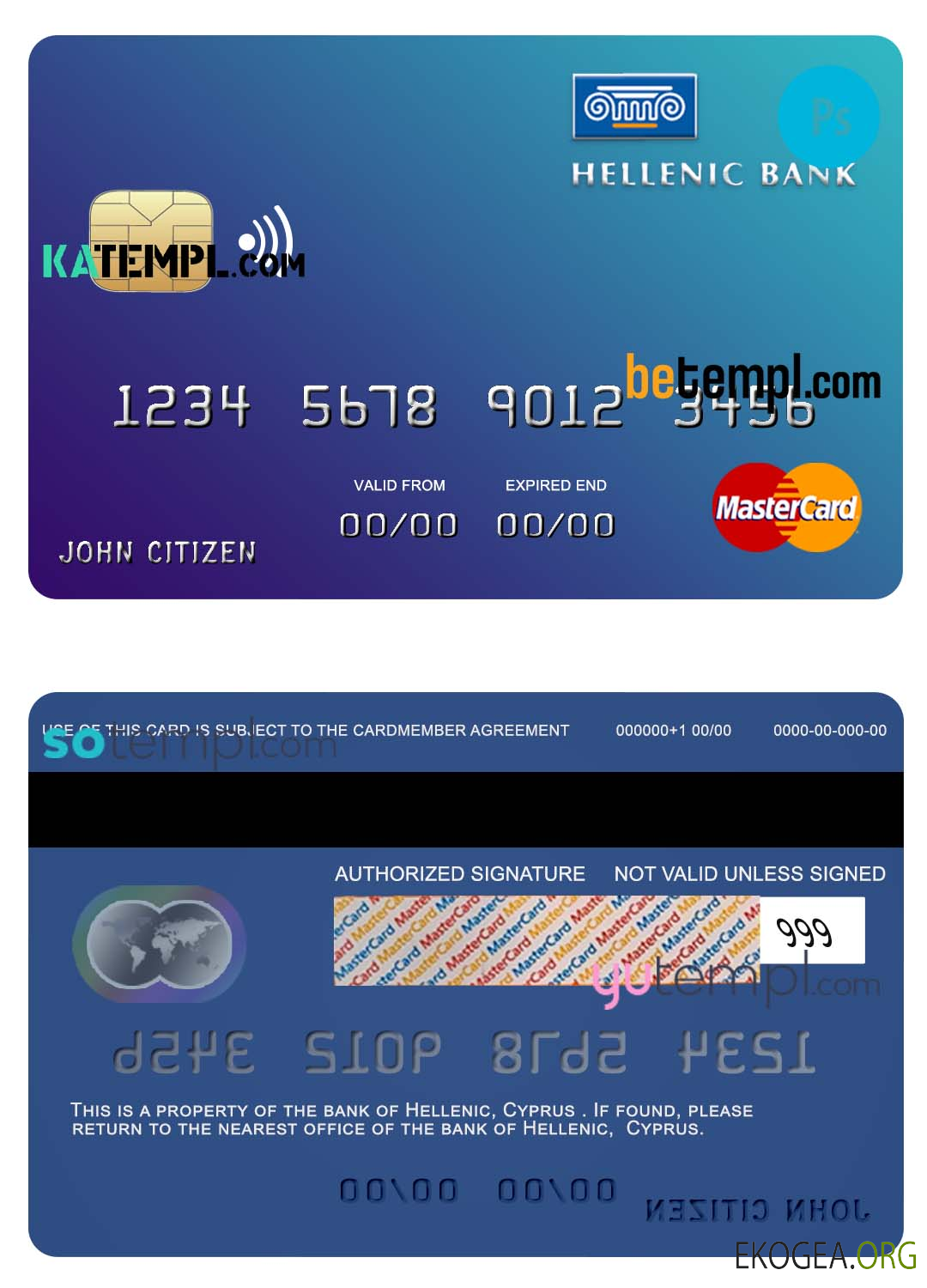 Modèle de carte de crédit mastercard de la banque hellénique de Chypre au format PSD, entièrement modifiable